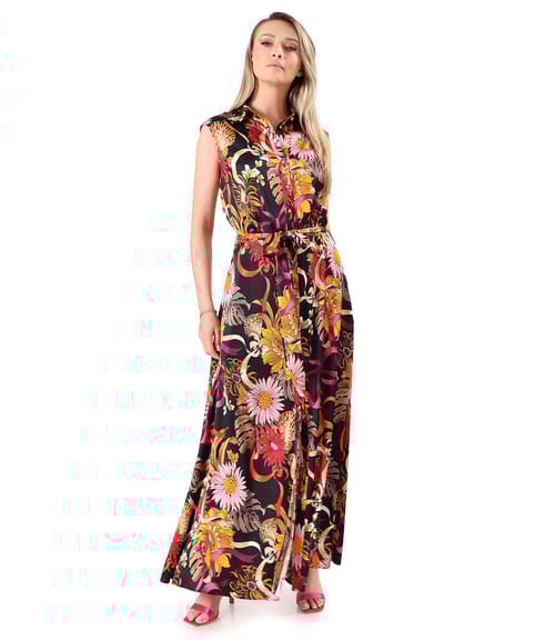 Rochie lunga din viscoza satinata imprimata cu motive florale