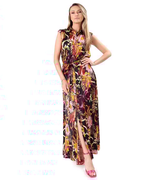 Rochie lunga din viscoza satinata imprimata cu motive florale
