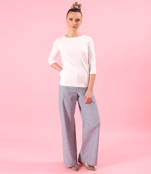 Tinuta casual cu pantaloni lejeri din in cu bumbac si bluza din jerse elastic uni