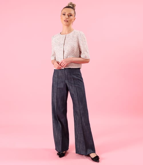 Sacou din dantela cu bumbac si fir de efect cu pantaloni largi din denim