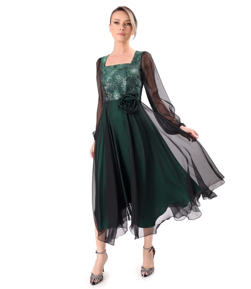 Rochie de seara midi cu bust din brocard cu fir metalic