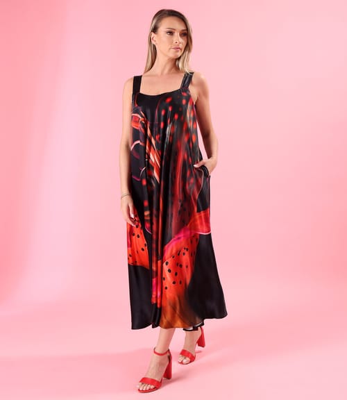 Rochie midi cu bretele din satin de viscoza