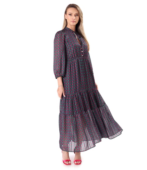 Rochie lunga cu volane din voal cu fir de lurex