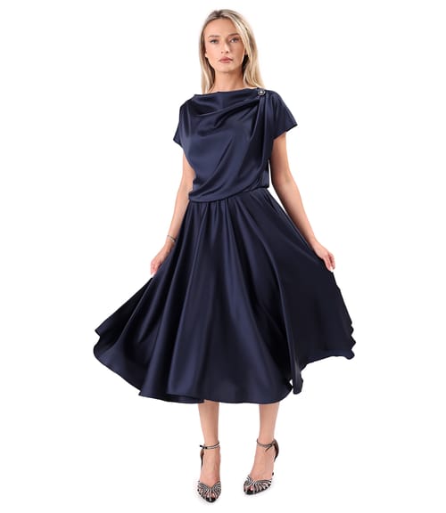 Rochie midi din satin elastic cu decolteu barcuta