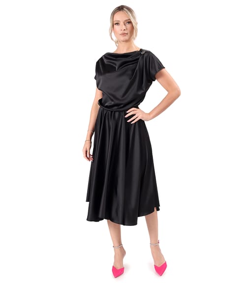 Rochie midi din satin elastic cu decolteu barcuta