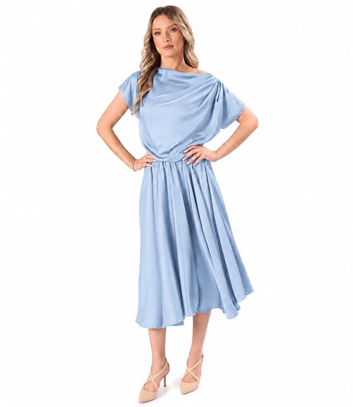 Rochie midi din satin elastic cu decolteu barcuta