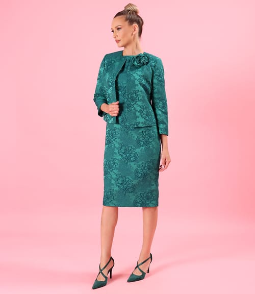 Sacou si rochie din brocart elastic cu motive florale