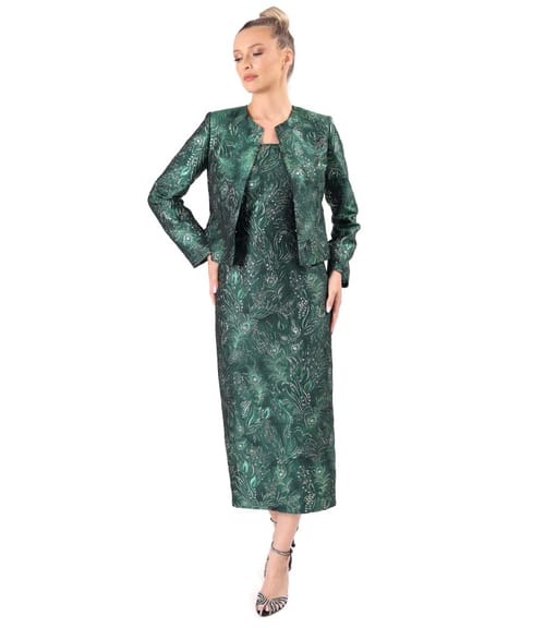 Tinuta de seara cu sacou si rochie midi din brocard cu fir metalic si motive florale