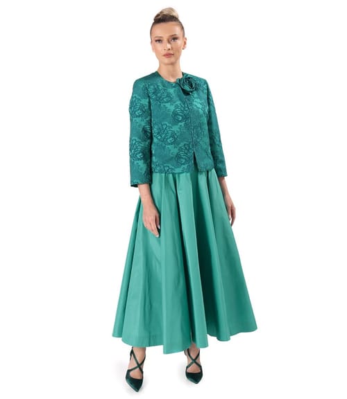 Fusta lunga din tafta subtire cu sacou din brocart elastic cu motive florale