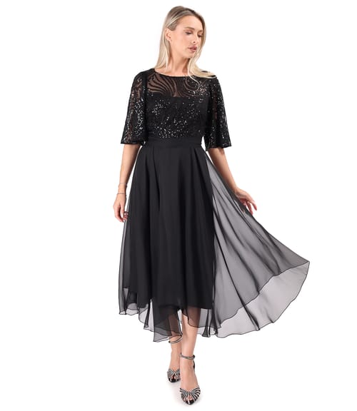 Rochie midi de ocazie cu corsaj si maneci ample din paiete