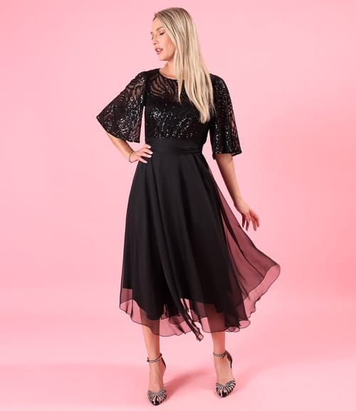 Rochie midi de ocazie cu corsaj si maneci ample din paiete