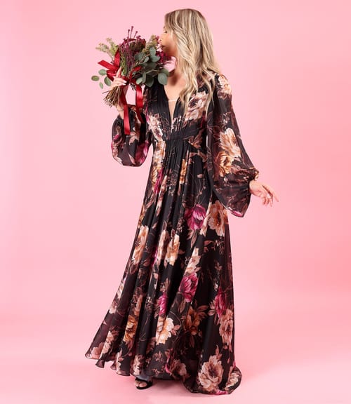 Rochie lunga de seara din voal imprimat cu motive florale