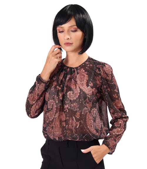 Bluza cu falduri la decolteu din voal imprimat cu motive paisley