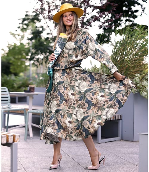 Rochie midi din viscoza cu matase naturala imprimata cu motive florale