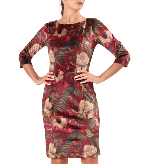 Rochie eleganta din catifea densa imprimata cu motive florale