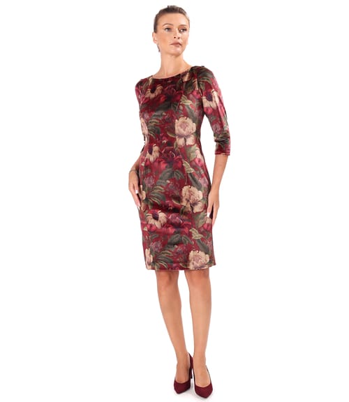 Rochie eleganta din catifea densa imprimata cu motive florale