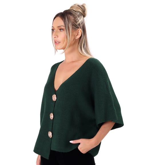 Cardigan lejer tricotat cu nasturi aurii tip brosa