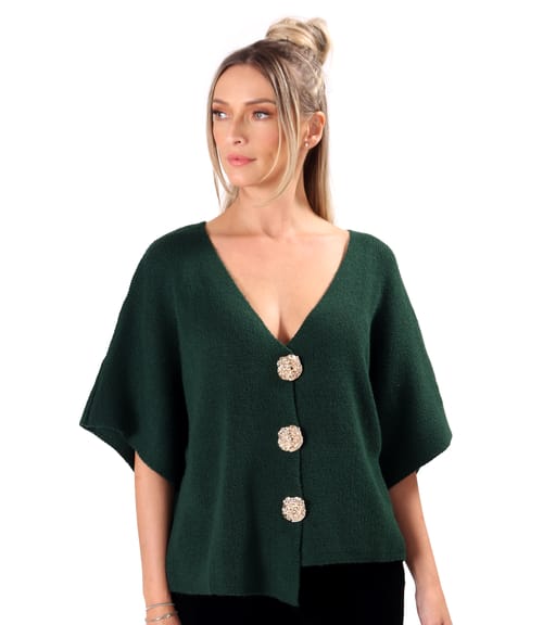 Cardigan lejer tricotat cu nasturi aurii tip brosa