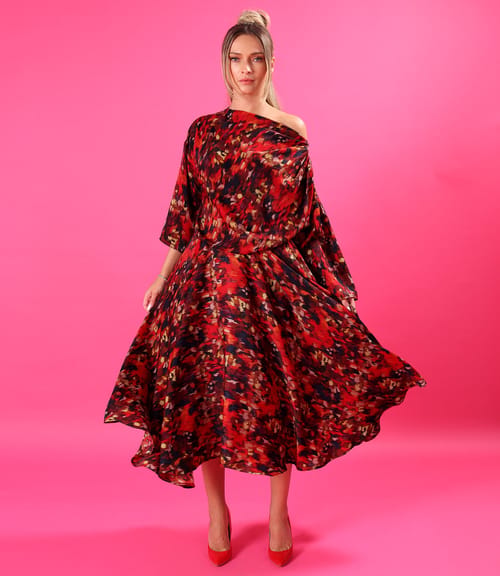 Rochie midi eleganta din saten imprimat