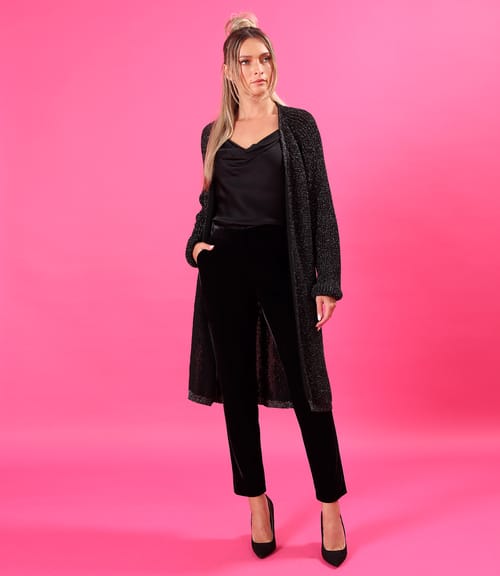 Cardigan lung tricotat cu fir stralucitor