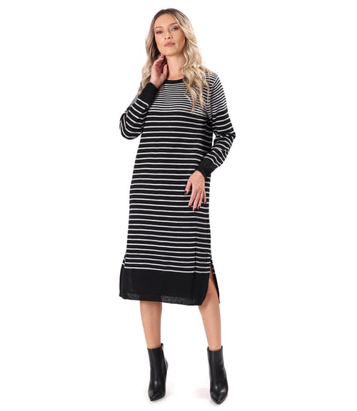 Rochie midi tricotata in dungi cu slituri laterale