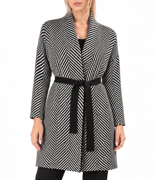 Cardigan lung tricotat cu lana si alpaca, cu model zigzag si cordon in talie