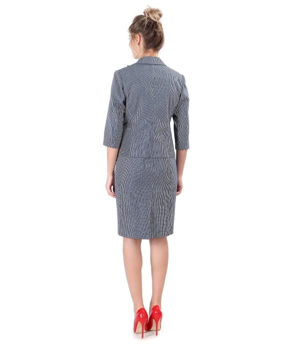 Costum dama office cu rochie si sacou din bumbac texturat cu dungi