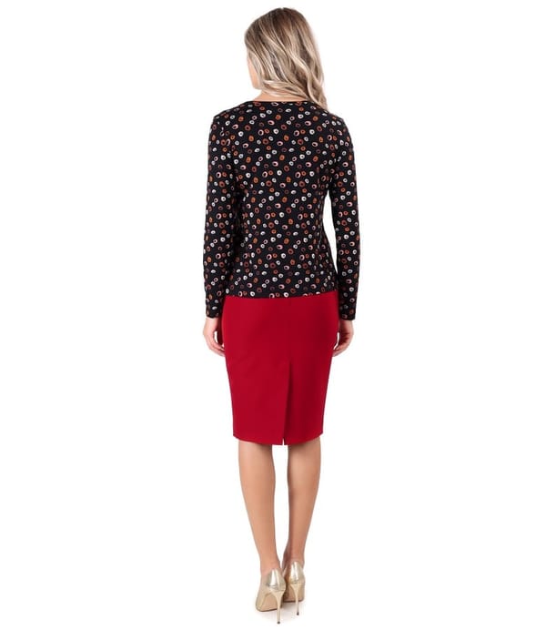 Tinuta office cu fusta si bluza din jerse elastic imprimat