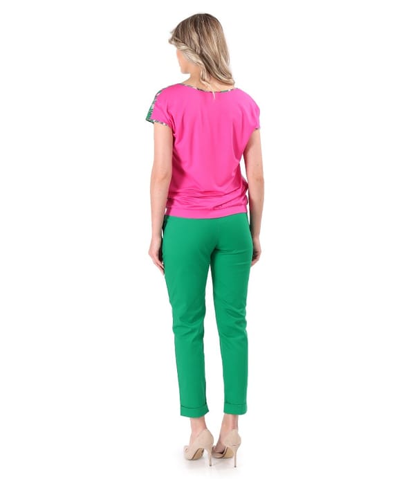 Bluza cu fata din voal imprimat si pantaloni pana din bumbac elastic subtire