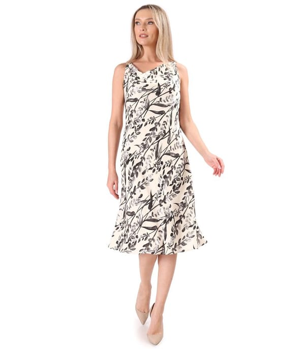 Rochie midi pe bie din viscoza cu motive florale si fir de effect