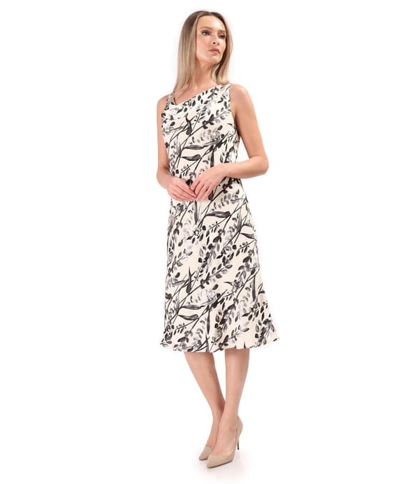 Rochie midi pe bie din viscoza cu motive florale si fir de effect