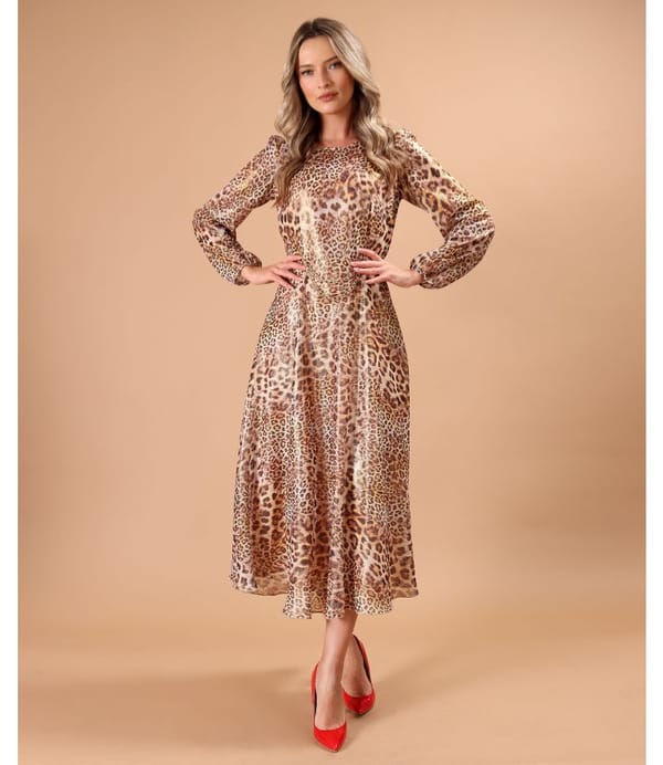 Rochie midi din voal cu animal print si fir de lurex