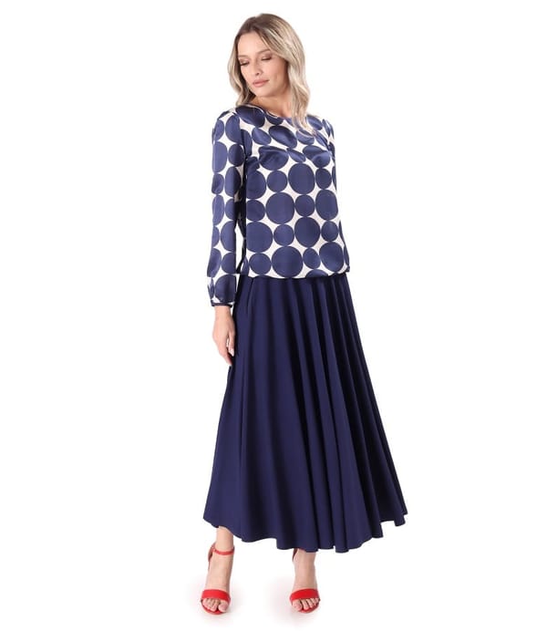 Tinuta eleganta cu fusta lunga din jerse si bluza din bumbac cu matase