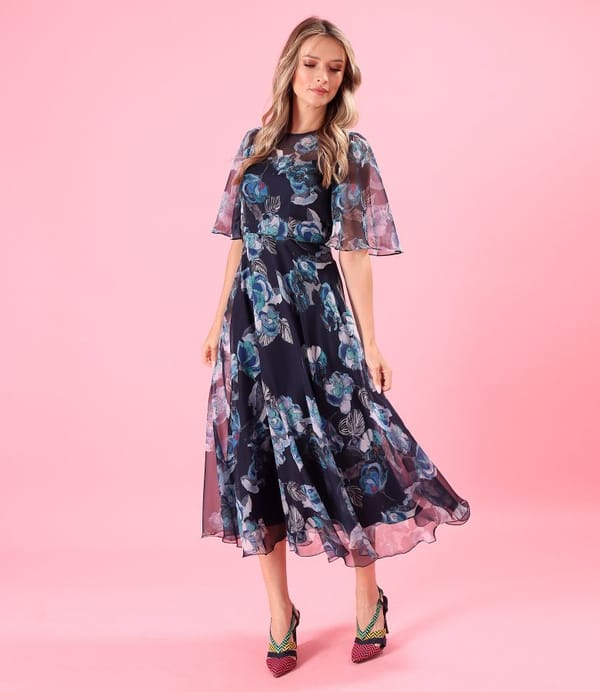 Rochie midi din voal fin imprimat cu motive florale