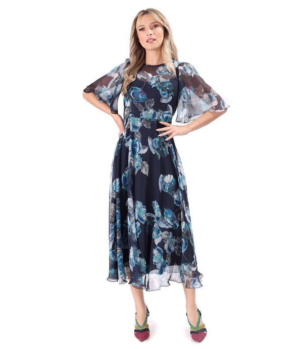 Rochie midi din voal fin imprimat cu motive florale
