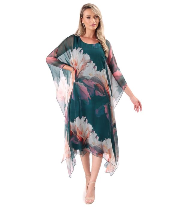 Rochie midi fluture din voal de matase naturala imprimata cu motive florale
