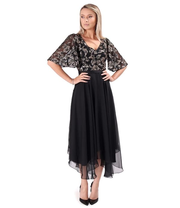 Rochie midi de ocazie cu corsaj si maneci ample din paiete aurii cu motive florale