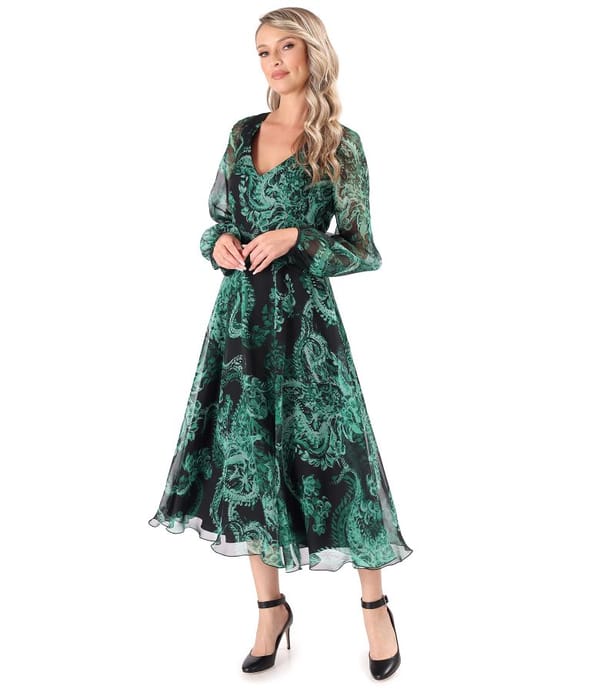 Rochie midi din voal fin imprimat digital cu motive paisley