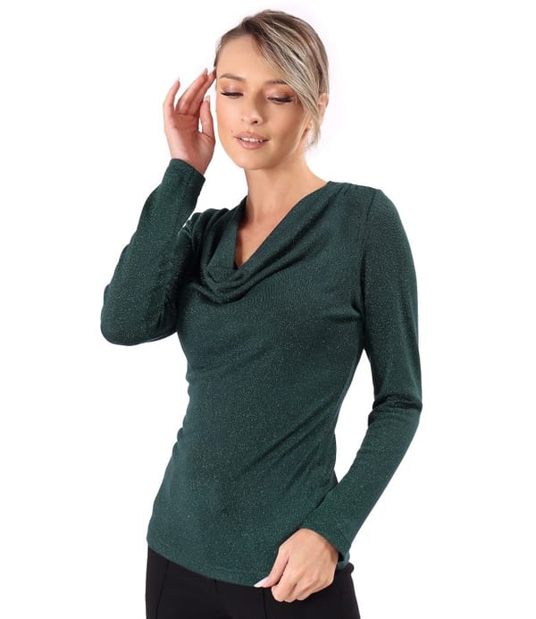 Bluza din jerse elastic cu fir metalic si cu decolteu in falduri