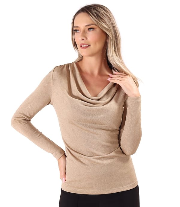 Bluza din jerse elastic cu fir metalic si cu decolteu in falduri