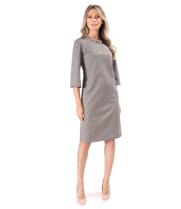 Rochie eleganta din stofa in carouri cu fir metalic auriu