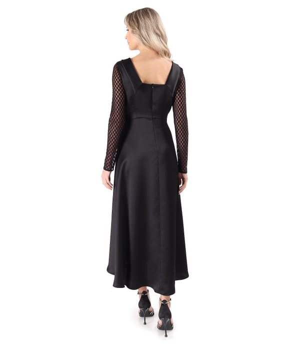 Rochie midi satinata cu maneci lungi din dantela