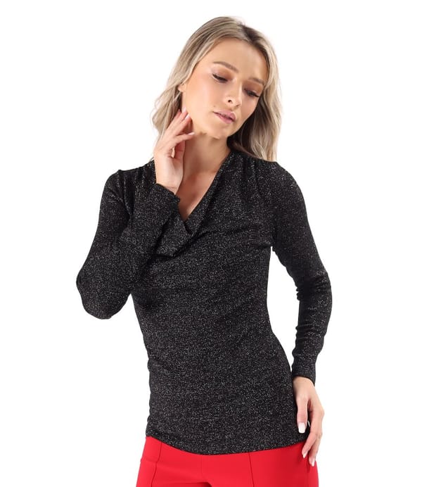 Bluza din jerse elastic cu fir metalic si cu decolteu in falduri