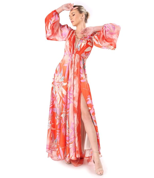 Rochie lunga de seara din voal imprimat cu motive florale