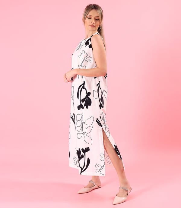 Rochie lunga din bumbac brodat cu motive florale