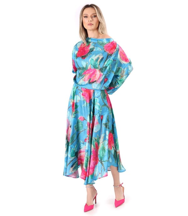 Rochie midi din viscoza cu matase naturala imprimata cu motive florale