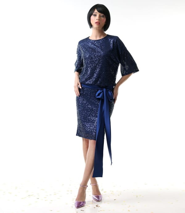 Rochie de cocktail din paiete cu cordon din satin in talie