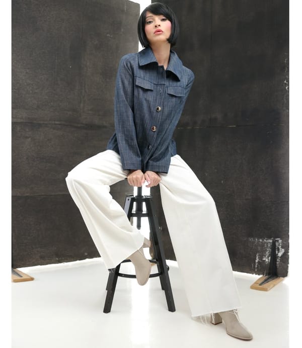 Pantaloni largi din bumbac tip denim alb-ecru