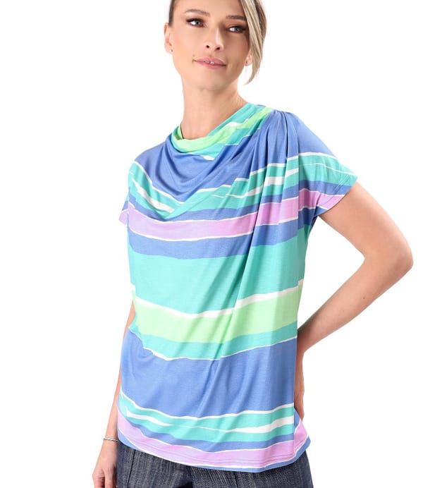 Bluza lejera cu pliuri pe umar din jerse elastic imprimat cu dungi