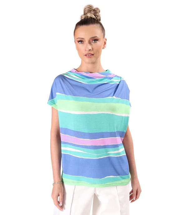 Bluza lejera cu pliuri pe umar din jerse elastic imprimat cu dungi